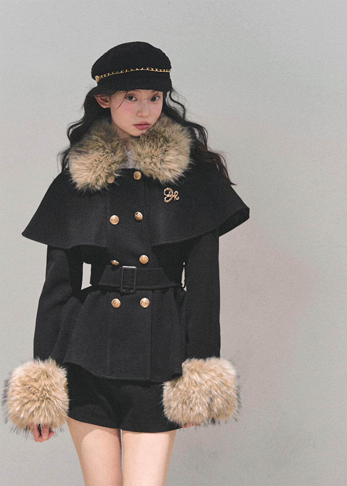 AOMALM winter set, Korean feminine coat set, faux fur cape coat, winter two piece outfit women, wool coat skirt set, rich daughter style winter, Korean luxury winter outfit, feminine winter suit, faux fur collar coat women, elegant winter set, soft girl winter fashion, Korean aesthetic winter wear, classy winter outfit women, short skirt winter set, luxury wool coat women