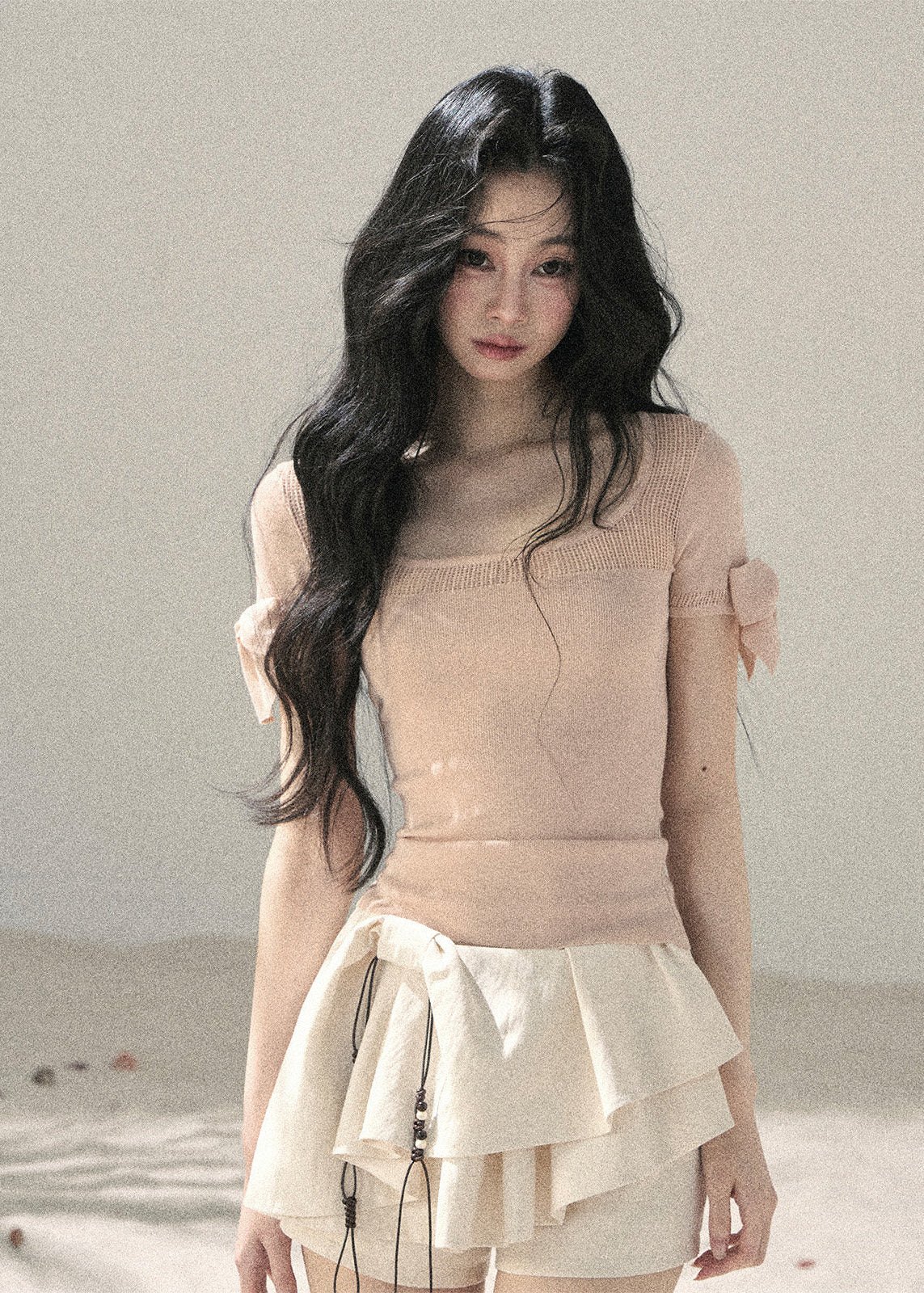 aomalm top, off shoulder knit top, square neck summer top, ribbon sleeve top, feminine korean top, waist cinching top, lyocell slim top, blush pink summer top, spicy girl top, elegant fitted t shirt