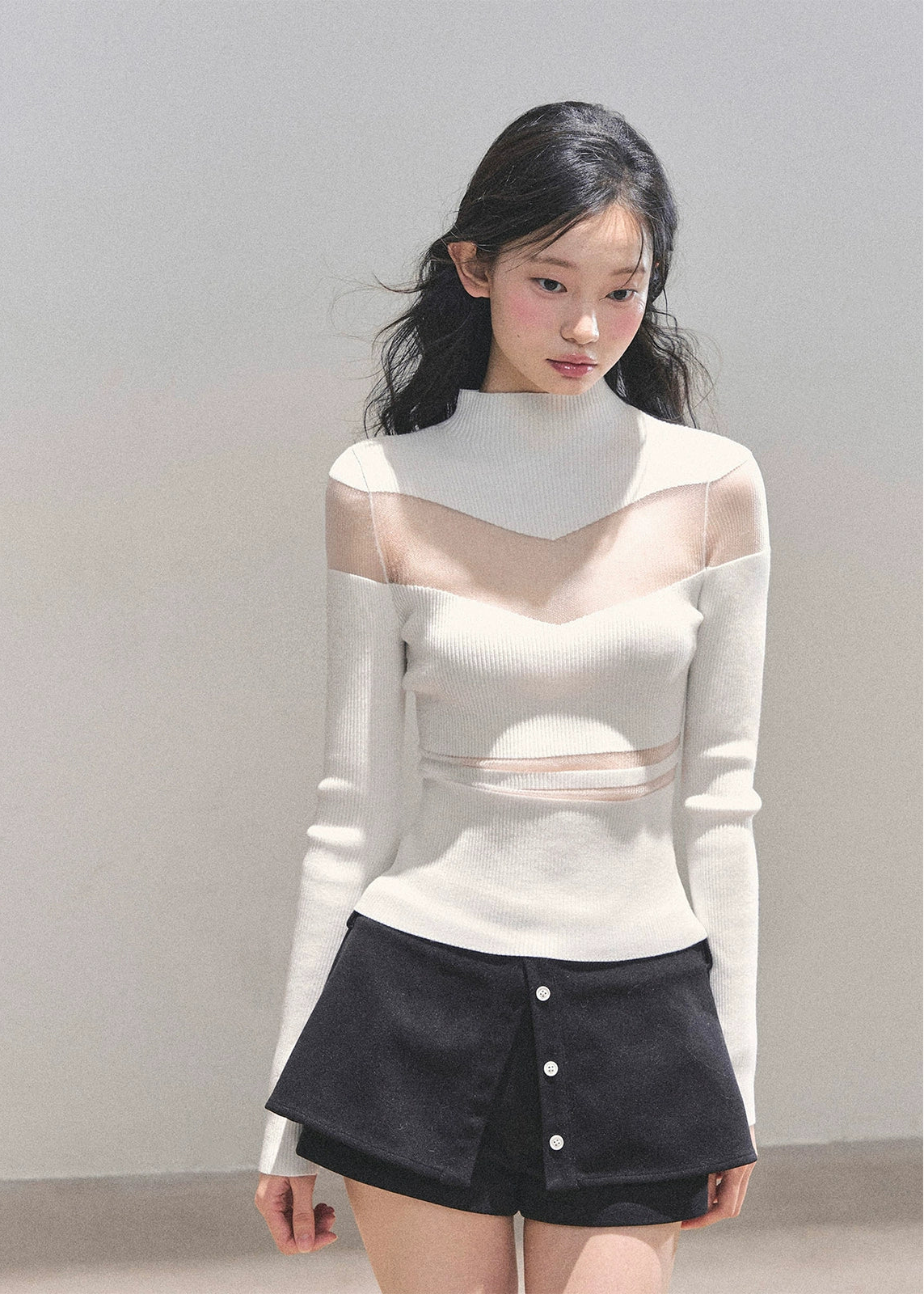 whispering of the night top, korean knit top, semi sheer knit, mesh panel knit shirt, slim fit winter top, women’s turtleneck knit, korean fashion top, elegant mesh knitwear, black mesh knit top, ivory mesh sweater, AOMALM top, winter slim knit shirt, long sleeve mesh top, feminine korean clothes, chic winter tops for women, aesthetic winter outfits, stylish knit base layer, hot girl knit top, soft stretch knitwear