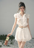 aomalm set, lace two piece set, white crop top skirt set, korean feminine set, french lace outfit, romantic summer set, lace mini skirt set, early summer outfit, feminine korean fashion, white lace top, garden style outfit, summer skirt set