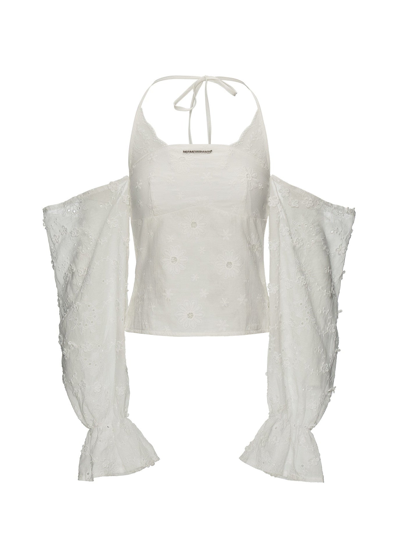 Street-style lace top with off-shoulder neckline