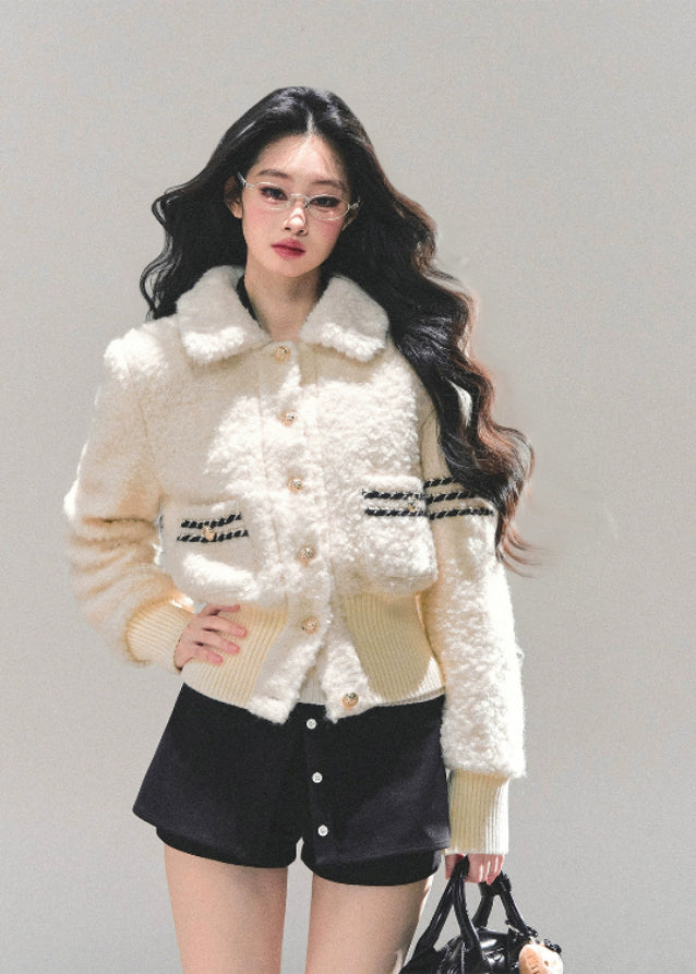 korean plush jacket women, cream wool padded coat, thickened winter jacket, skinny fit winter top, ivory fluffy jacket, warm padded sweater coat, fw25 korean fashion, soft plush winter coat, wool blend padded top, winter korean outerwear
