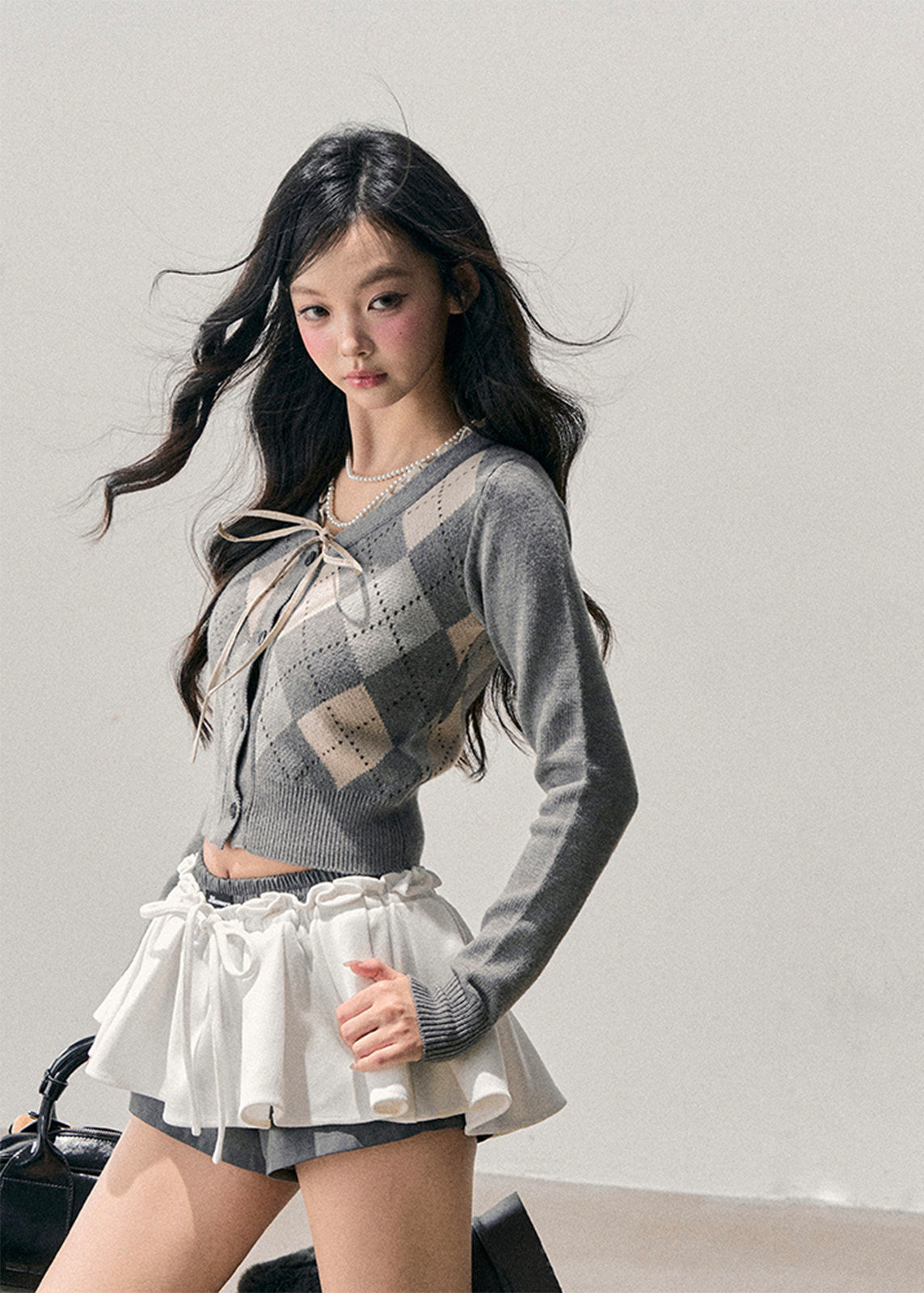 AOMALM cardigan, Korean feminine knit, French preppy cardigan, cropped knit sweater, argyle cardigan women, winter cardigan top, soft girl aesthetic sweater, Korean style knitwear, feminine cropped cardigan, ribbon tie sweater, pastel winter knit, elegant casual cardigan, preppy Korean fashion, women winter knit top, slim fit cardigan