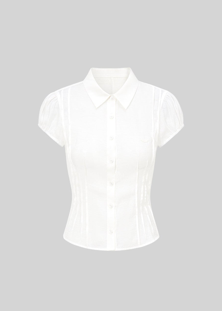 sheer button shirt, bubble sleeve blouse, slim fit sheer top, Korean feminine blouse, short sleeve sheer shirt, romantic button blouse, lightweight summer blouse, viscose lyocell top, soft sheer blouse, feminine office top, café date outfit top, pure desire shirt, elegant casual blouse, translucent shirt women, Korean style summer top