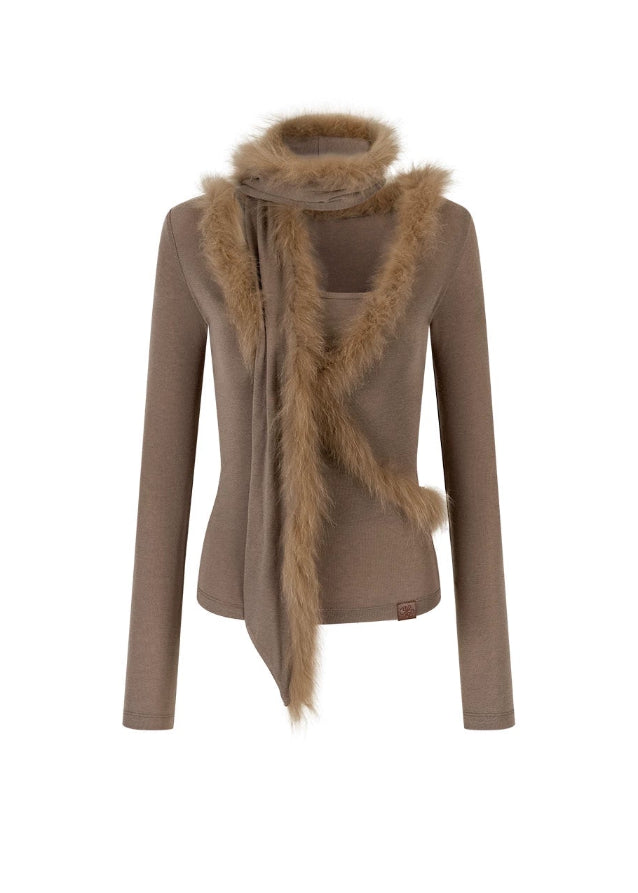 VIAPITTI fox fur knit top, fur trim sweater set, real fox fur scarf, edgy Korean fashion, autumn winter fur knitwear, slim fit sweater women, industrial luxe streetwear, spliced fur knit top, K-fashion 2025, luxury street outfit, warm fur scarf set, modern high femme street style
