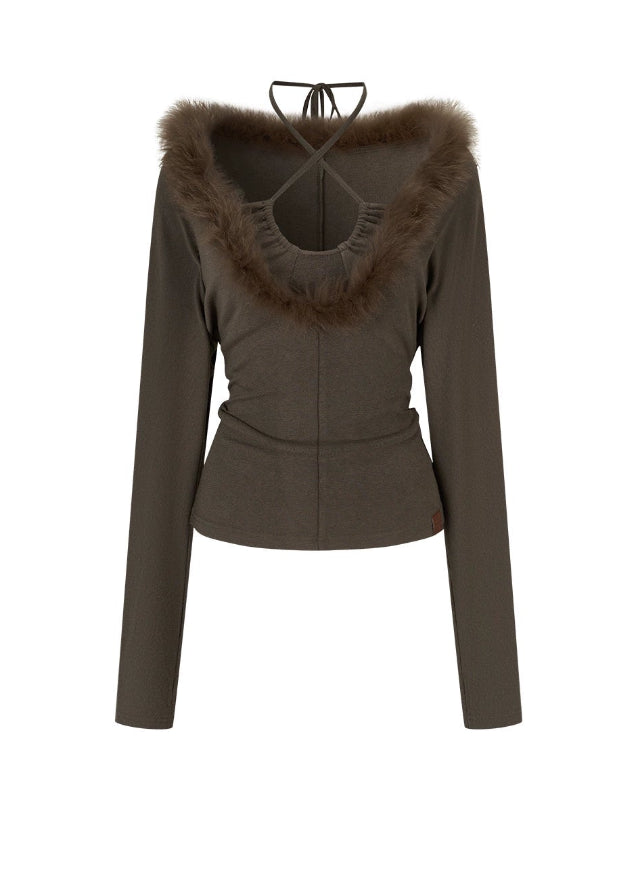 VIA PITTI knit top, faux fox fur halter top, Y2K fur trim top, cross-strap knitwear, winter sexy knit top, fur patchwork sweater, women’s halter long sleeve top, Korean Y2K knitwear, VIA PITTI autumn winter top, slim fit halter knit top, trendy fur trim shirt