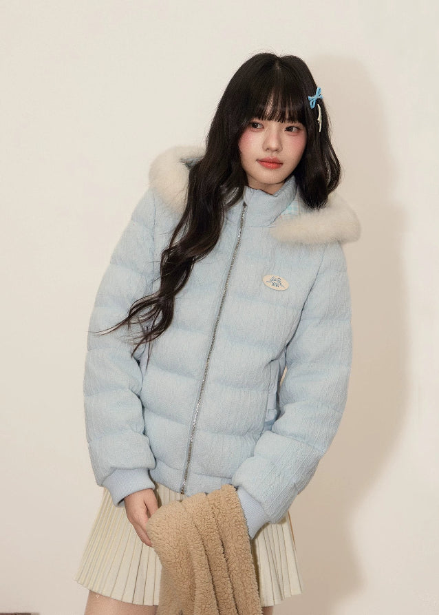 down jacket women, fur collar down jacket, Korean style puffer coat, winter warm hooded jacket, cable knit patchwork coat, soft wool puffer, feminine winter jacket, cute Korean jacket, fluffy hooded down coat, umoumo jacket, winter outerwear women, white down jacket, soft girl winter coat, warm puffer jacket women