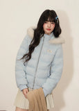 down jacket women, fur collar down jacket, Korean style puffer coat, winter warm hooded jacket, cable knit patchwork coat, soft wool puffer, feminine winter jacket, cute Korean jacket, fluffy hooded down coat, umoumo jacket, winter outerwear women, white down jacket, soft girl winter coat, warm puffer jacket women