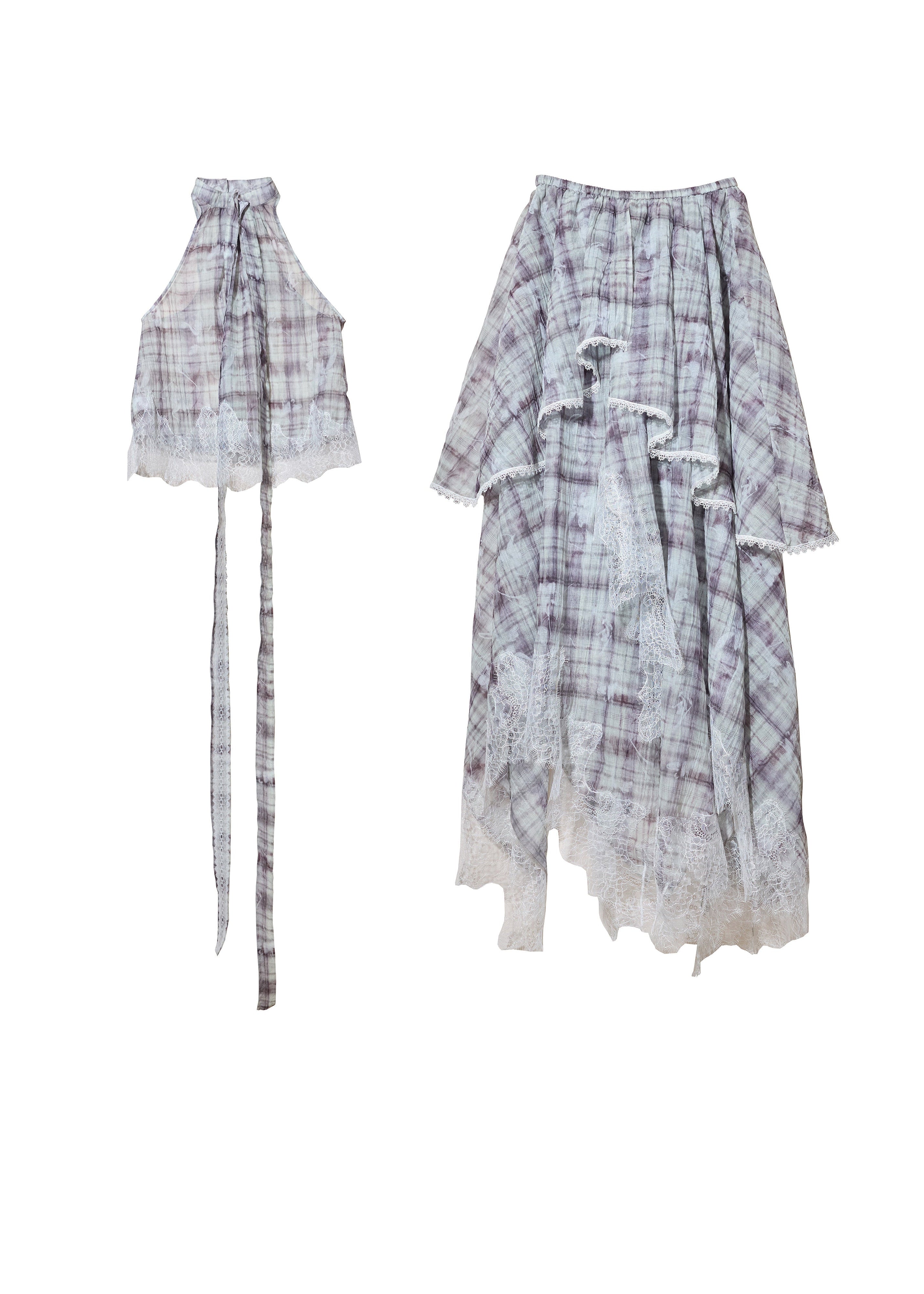 check two piece set, lace patchwork skirt set, korean fashion set, romantic maxi skirt set, vintage plaid outfit, feminine two piece dress set, irregular lace set, artistic summer outfit, jnylon set, elegant vacation outfit