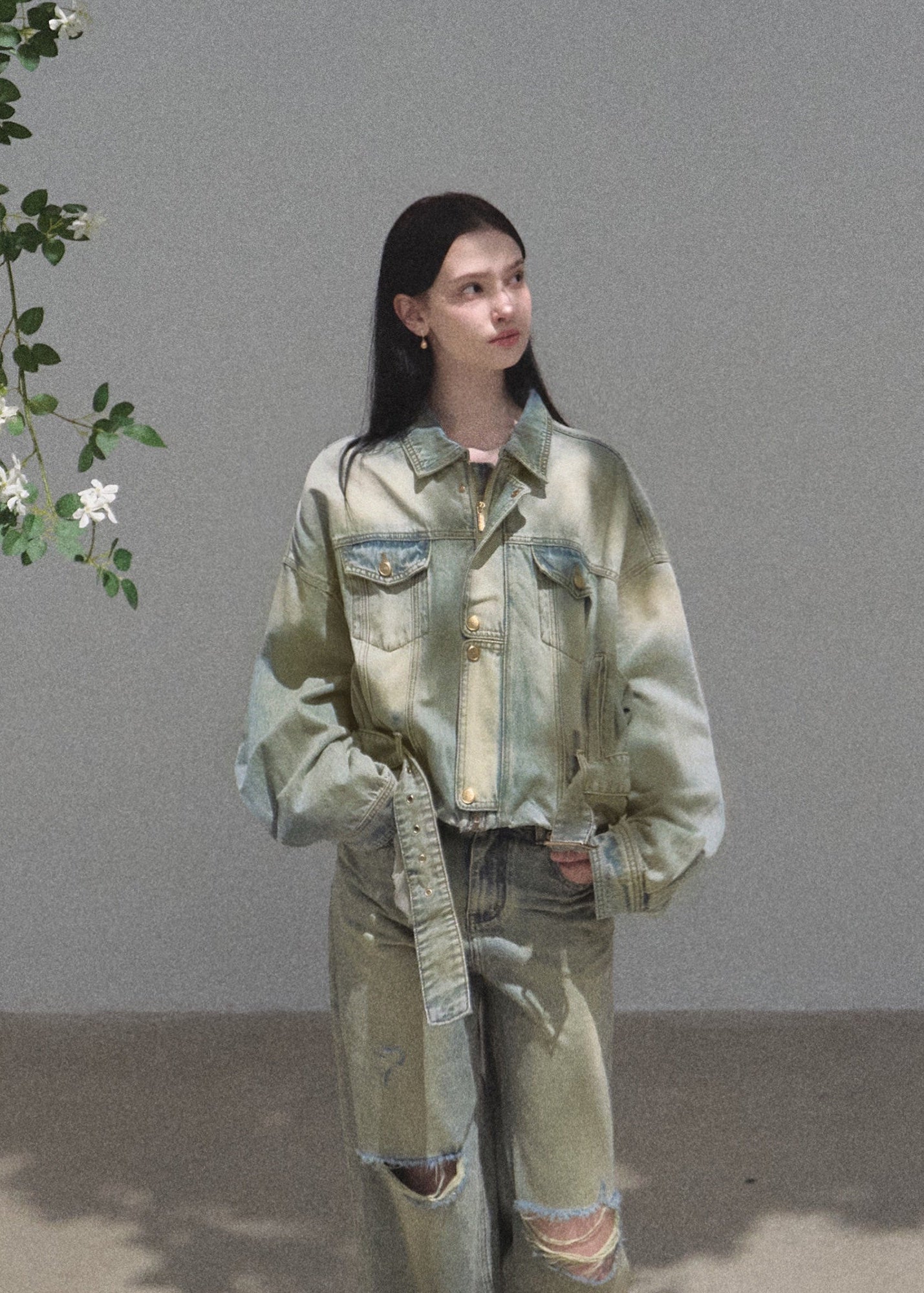 Cropped vintage-wash denim jacket with adjustable hem ties