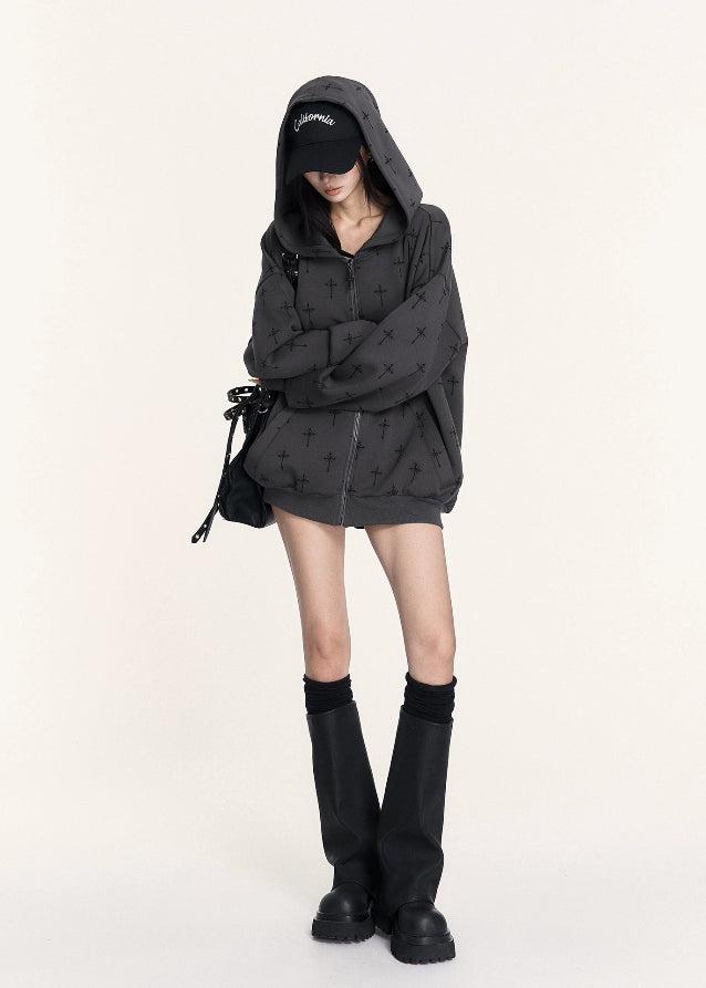 gothic hoodie set, cross print two piece outfit, VOCK streetwear set, dark casual sports set, oversized hoodie and shorts, lazy hot girl street style, gothic print hoodie, punk wide leg shorts set, dark street fashion, unisex dark hoodie set, VOCK aesthetic outfit, casual goth twinset, streetcore sporty set, grunge hoodie and shorts, black printed hoodie girl, edgy comfy streetwear, gothic casual outfit set