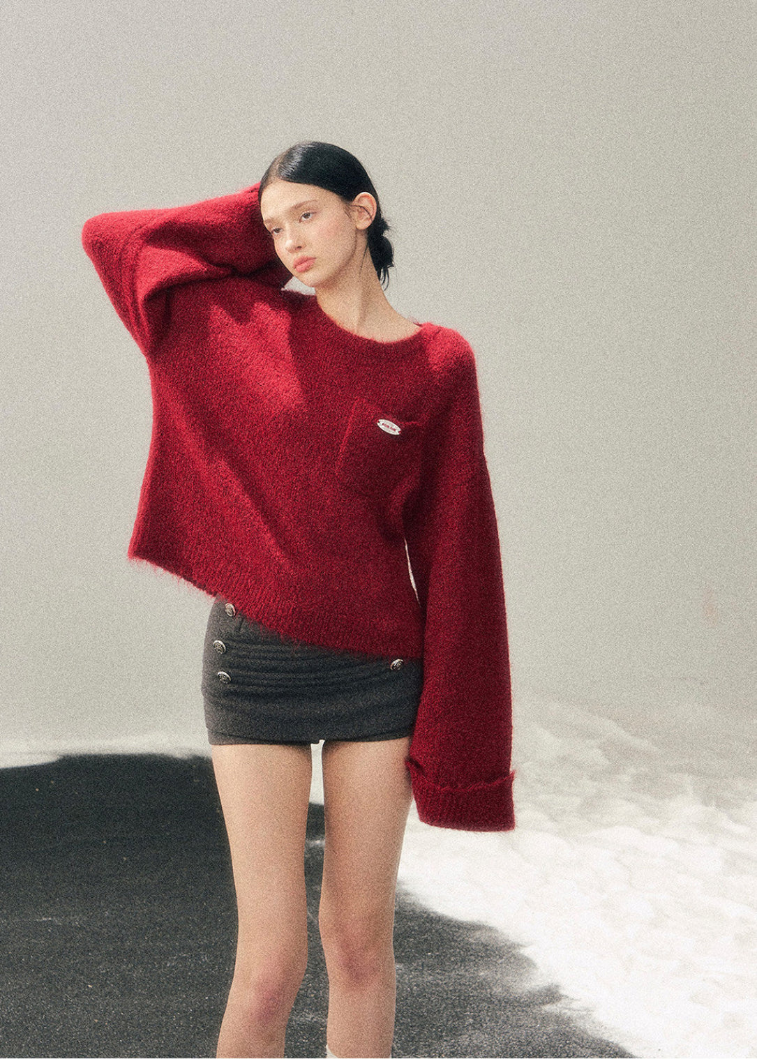 AOMALM sweater, red mohair sweater, women winter knit top, French style sweater, Korean aesthetic knit, soft feminine sweater, fluffy winter sweater, mohair pullover women, holiday red sweater, New Year knit top, cozy winter top women, elegant knitwear women, warm mohair sweater, romantic winter outfit, soft texture sweater, winter fashion women