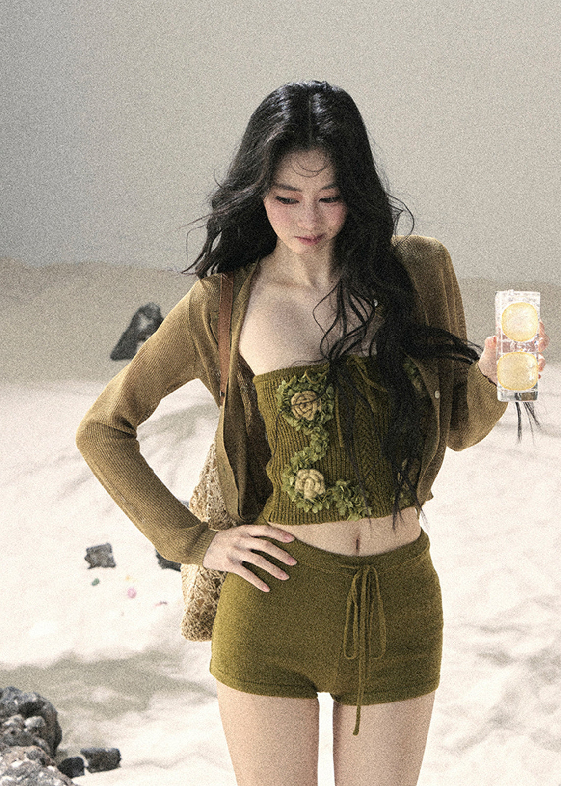 aomalm set, three piece set women, floral bandeau set, korean summer set, olive green co ord, french feminine outfit, 3d floral top, cardigan and shorts set, resort outfit women, romantic summer set, knit shorts set, feminine korean fashion