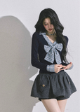 plaid bow top, faux two piece top, layered knit blouse, Korean style bow shirt, American prep knit top, plaid ribbon top, autumn slimming top women, trendy Korean American fashion, cute bow knit, campus girl outfit, elegant faux two piece shirt, plaid bow aesthetic top, boutique bow blouse, prep style knitwear
