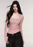 LuluSwings knit top, fake two piece long sleeve, slim fit layered top, Korean stylish slim tee, trendy hot girl top, modern layered sleeve knit, body contour knitwear, black layered knit top, pink slim knit top, fashionable Korean long sleeve, sexy city girl style top, AW fitted knit shirt, trendy dual sleeve top women
