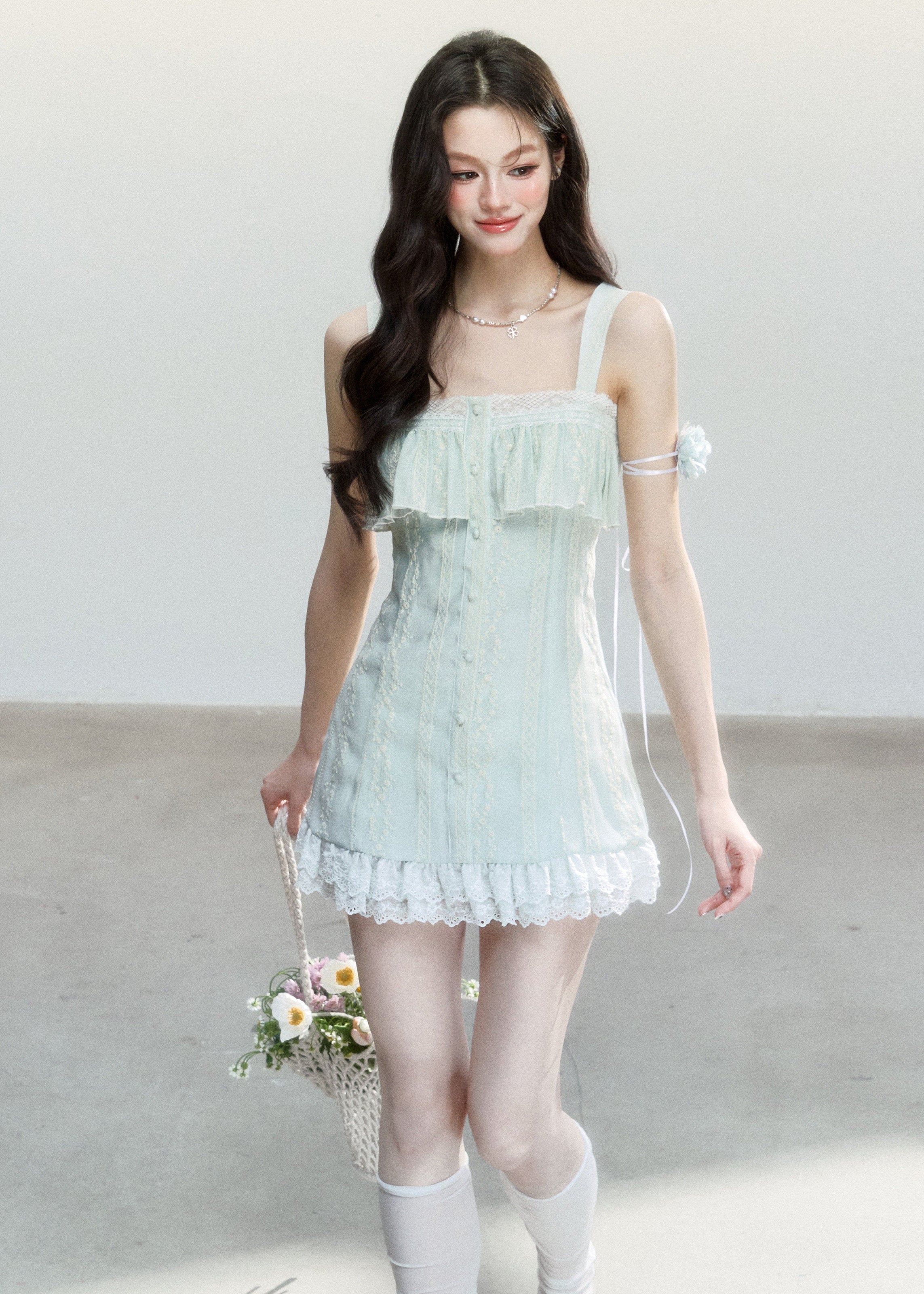 fragileheart dress, white tea mini dress, mint lace dress, embroidered mini dress, korean feminine dress, spring mini dress, lace trim dress, hollow embroidery dress, soft girl dress, feminine korean fashion, romantic summer dress, mint green dress
