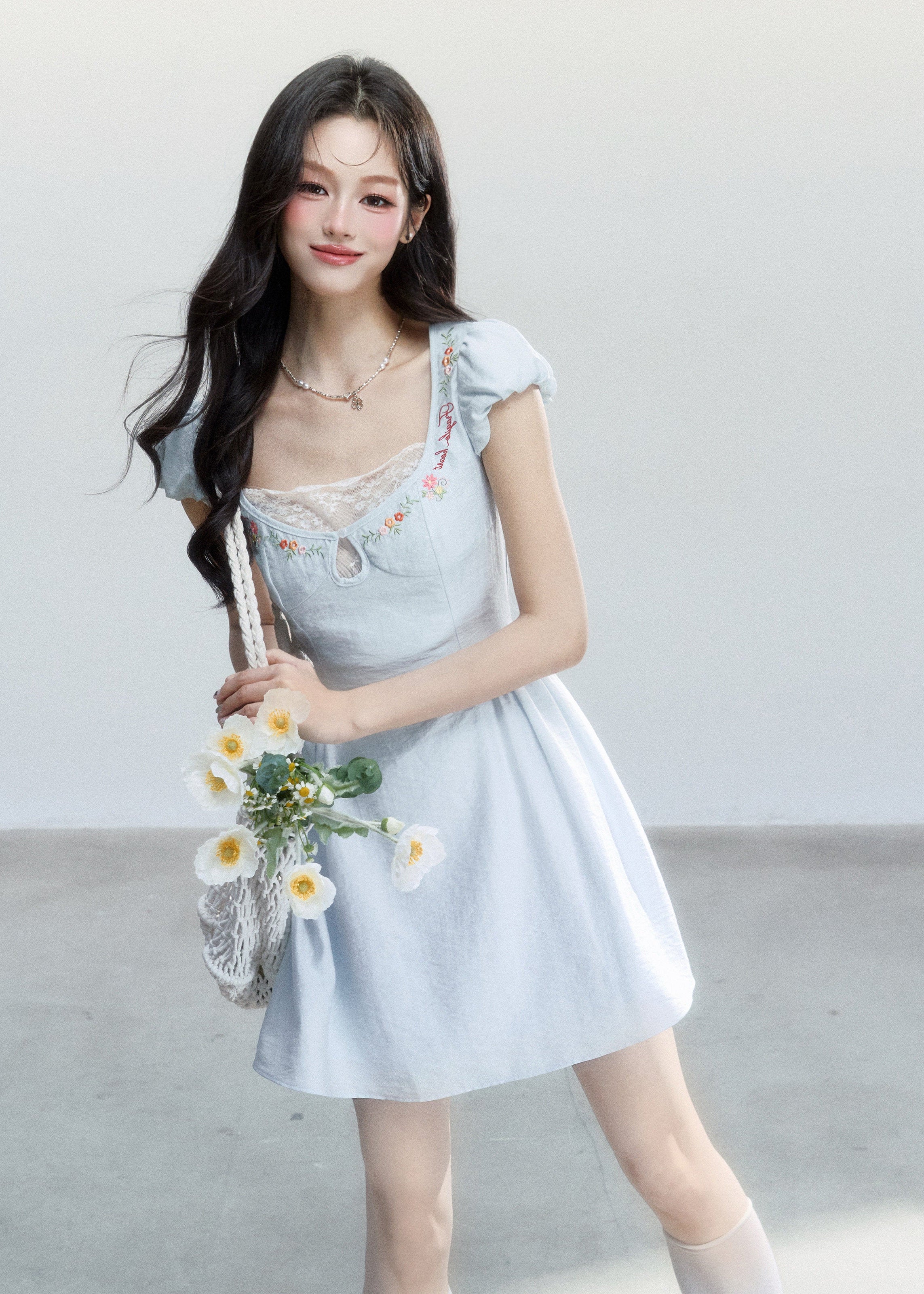 fragileheart dress, blue embroidered dress, lace mini dress, korean feminine dress, sweet summer dress, resort style dress, daisy embroidered dress, soft blue mini dress, feminine korean fashion, summer date dress, floral lace dress, romantic mini dress