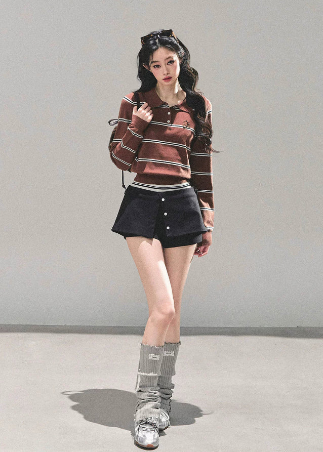 striped knit top, cropped polo shirt, vintage striped sweater, Korean fashion knit, AOMALM polo top, fall knitwear women, slimming crop top, long sleeve polo, American retro knit, Korean style tops, autumn fashion women, preppy knit top, waist-slimming shirt, striped crop fashion, aesthetic polo top, soft knit sweater, cute Korean outfit, polo collar knit, trendy fall tops, slim fit long sleeve top.