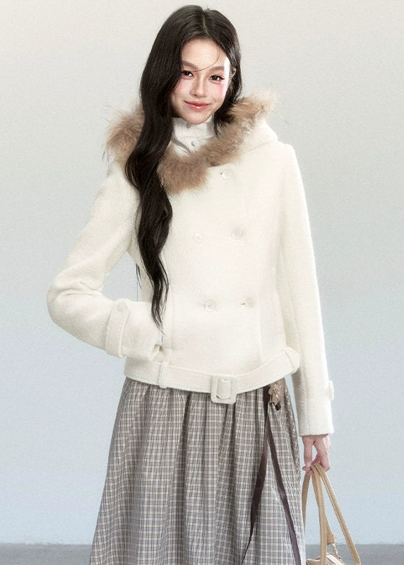 Fragileheart wool coat, cropped fur collar jacket, luxury Korean fashion, quiet luxury womenswear, beige tweed coat, pastel noir aesthetic, elegant winter outfit, short wool coat, K-fashion 2025, feminine outerwear, belted cropped jacket, modern Korean coat, soft winter fashion, sophisticated neutral outerwear
