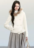 Fragileheart wool coat, cropped fur collar jacket, luxury Korean fashion, quiet luxury womenswear, beige tweed coat, pastel noir aesthetic, elegant winter outfit, short wool coat, K-fashion 2025, feminine outerwear, belted cropped jacket, modern Korean coat, soft winter fashion, sophisticated neutral outerwear
