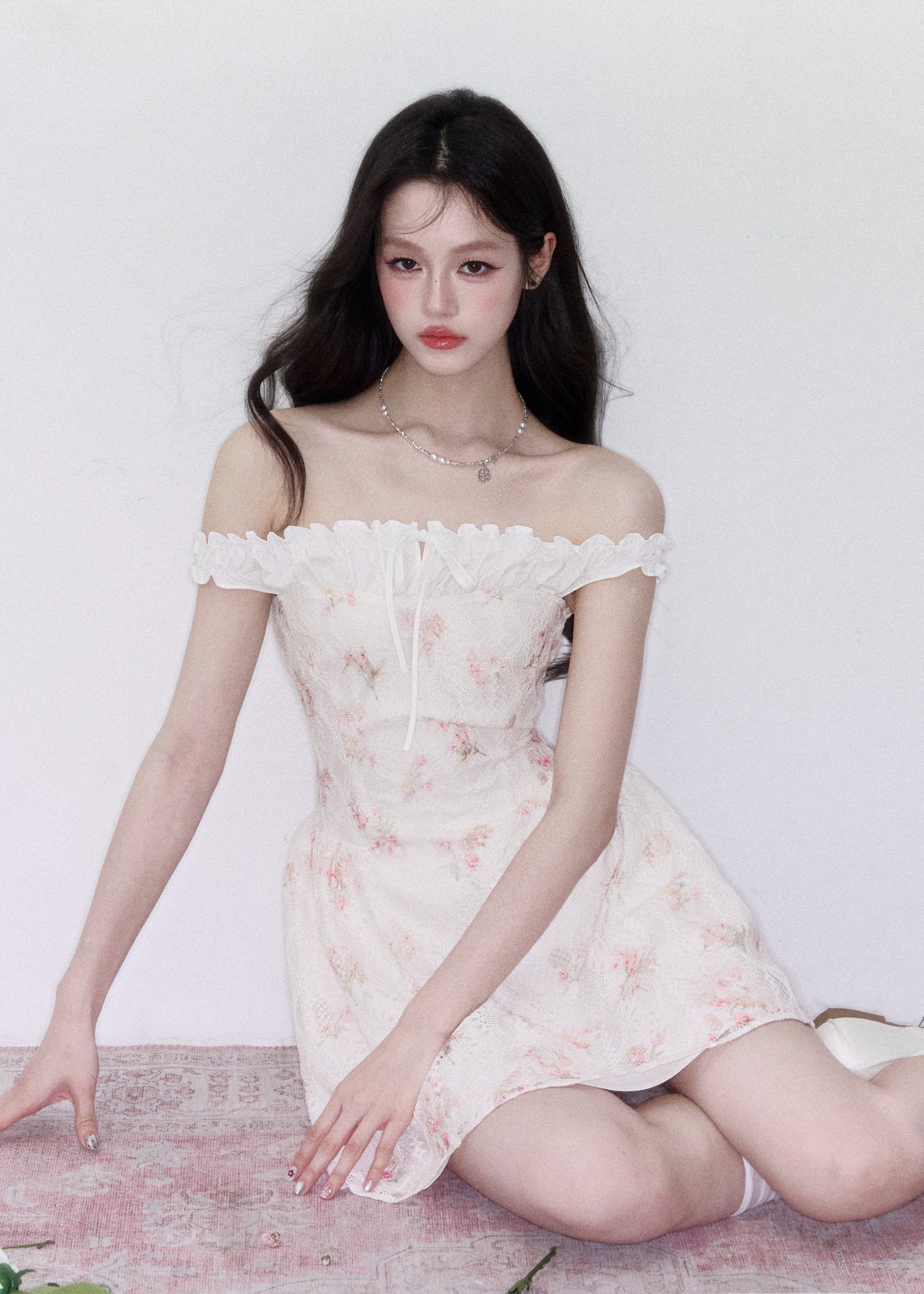 fragileheart dress, off shoulder floral dress, ivory mini dress, floral patchwork dress, korean feminine dress, romantic summer dress, vacation mini dress, soft girl dress, feminine floral dress, cream floral mini dress, summer date dress, korean vacation outfit