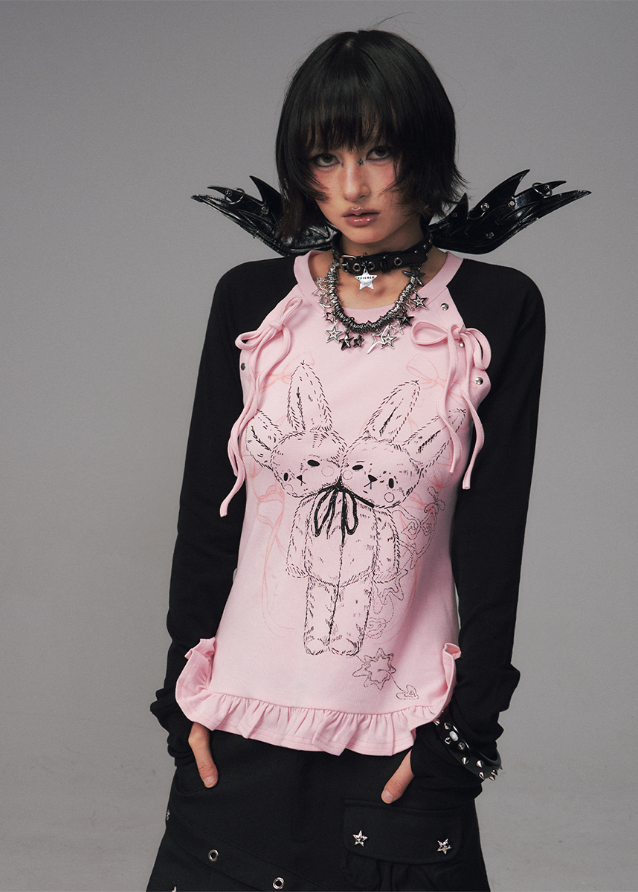 shadow lace top, gothic bow print shirt, dark lace graphic tee, street punk knit top, slim long sleeve t-shirt women, FRAGILEHEART top, asian inspired lace print top, charcoal gothic tee, edgy knit base layer, bow lace long sleeve shirt