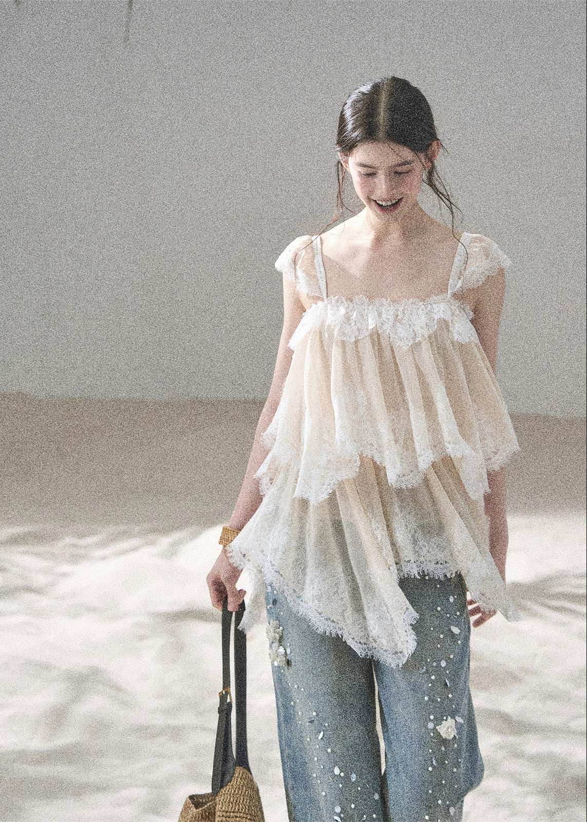 aomalm top, lace mesh top, french lace blouse, irregular lace top, korean feminine top, summer chiffon top, sheer lace blouse, resort summer top, romantic mesh top, feminine korean fashion, sea breeze top, lightweight lace t-shirt