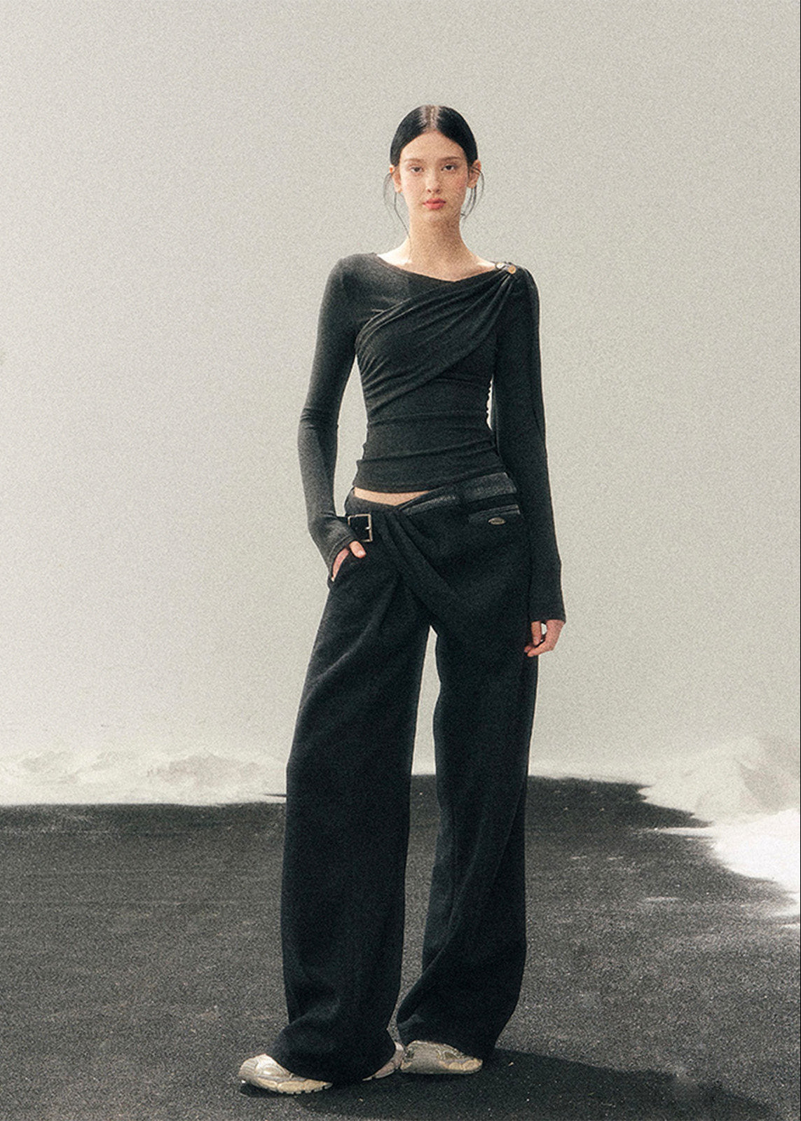 French style knit top, Korean feminine top, one shoulder long sleeve top, draped knit shirt women, winter slim fit top, elegant women knitwear, asymmetrical neckline top, waist slimming top, soft aesthetic fashion, minimal feminine top, Korean winter outfit, French chic clothing, modern women knit top, layering winter top, elegant casual top