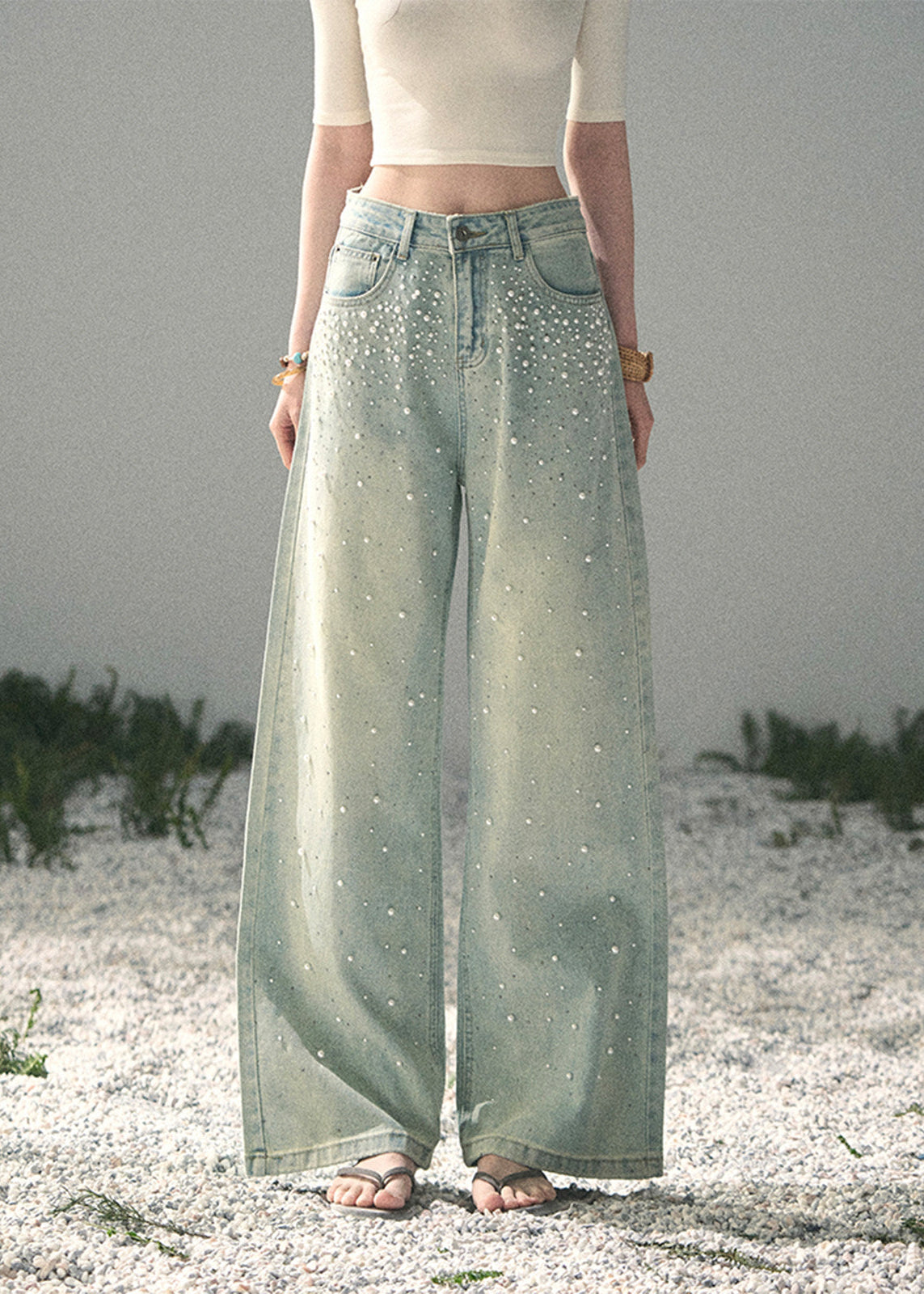 aomalm jeans, beaded jeans women, wide leg jeans women, pearl detail denim, korean fashion jeans, light blue denim pants, high waist wide leg jeans, straight leg denim women, embellished jeans, feminine korean outfit, romantic denim pants, casual summer jeans, soft blue jeans women