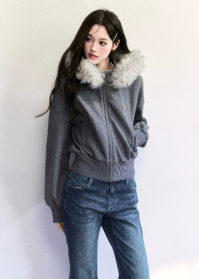 Fragile Heart fur collar hoodie, fluffy trim jacket, soft feminine winter hoodie, Korean girly zip-up coat, short cozy winter jacket, big fur collar sweatshirt, romantic warm hoodie, grey fluffy collar jacket, cute Korean outerwear, AW soft girl jackets, feminine winter hoodie coat