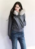 Fragile Heart fur collar hoodie, fluffy trim jacket, soft feminine winter hoodie, Korean girly zip-up coat, short cozy winter jacket, big fur collar sweatshirt, romantic warm hoodie, grey fluffy collar jacket, cute Korean outerwear, AW soft girl jackets, feminine winter hoodie coat