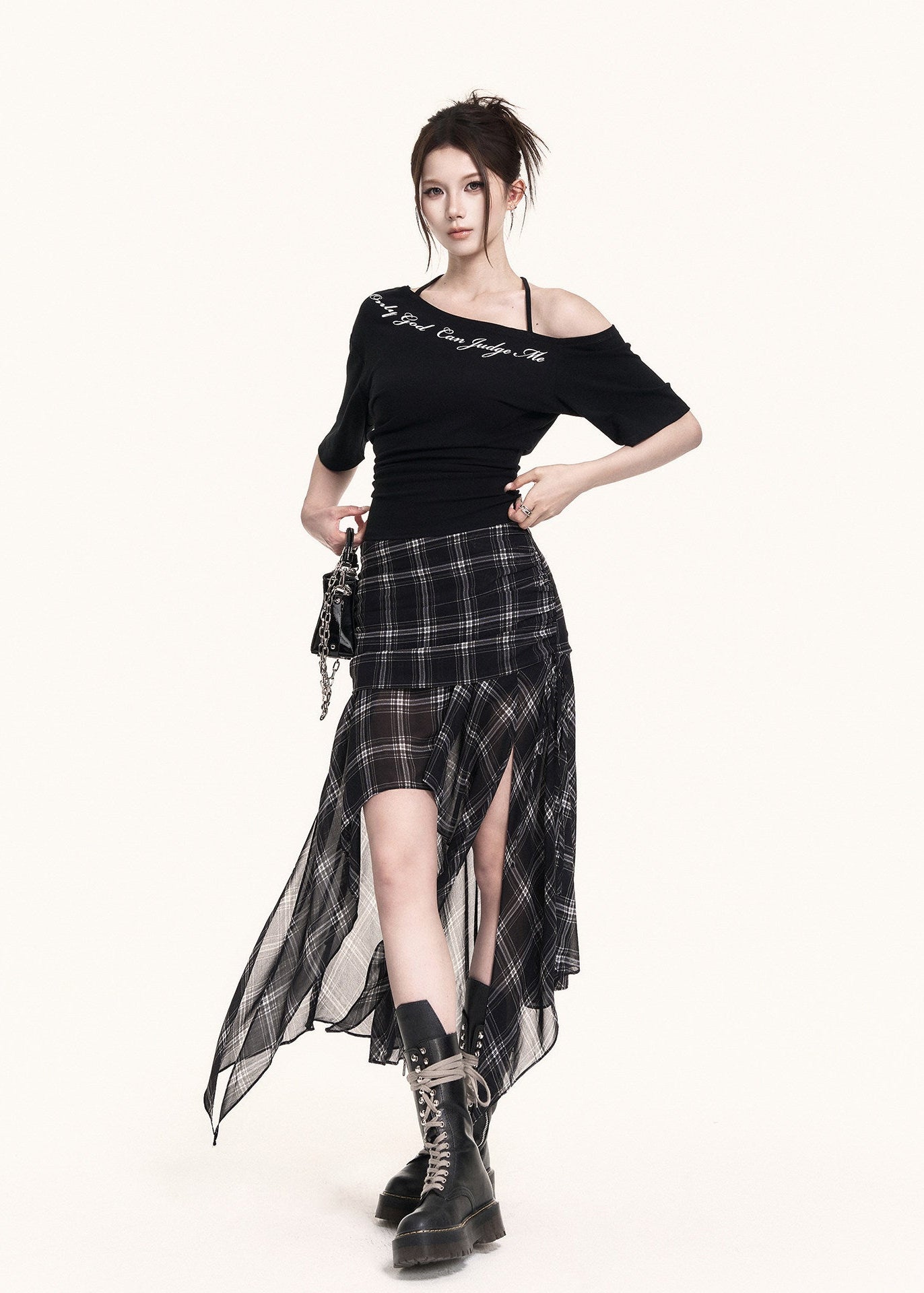 Black off-shoulder crop top with script print