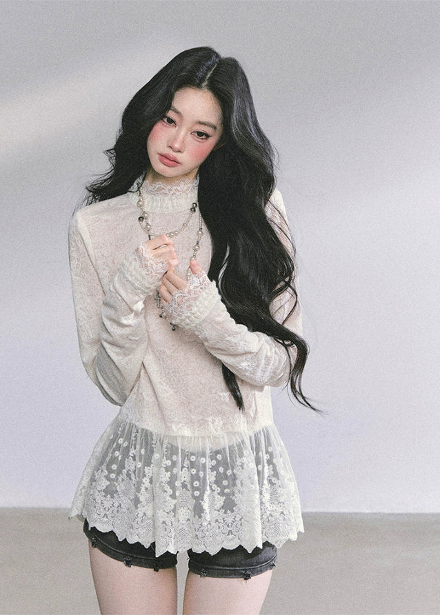 lace high neck top, ivory lace blouse, sheer lace peplum shirt, Korean lace aesthetic, French lace top, slim fit lace tee, hollow lace long sleeve, feminine lace blouse, elegant lace top women, autumn lace shirt, romantic lace fashion, soft girl lace top, Korean preppy lace style, delicate lace clothing, lace layering top
