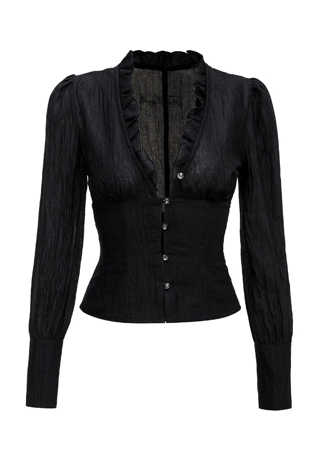 black ruffle shirt set, corset vest two-piece top, 4muggle stylish outfit, urban chic black shirt, slim waist corset top, modern edgy girl style, layered black top set, ruffle neckline shirt, fashion streetwear set, city girl stylish outfit, slimming corset shirt, trendy black two-piece, editorial street fashion, dark chic women’s top