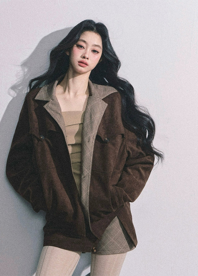 korean two piece set, plaid mini skirt outfit, suede jacket set women, seoul street fashion, preppy korean outfit, french hepburn style set, autumn matching outfit women, korean chic blazer set, trendy korean clothing 2025, seoul preppy look, brown plaid skirt, vintage academic outfit, elegant french suit, nom alm collection, modern korean style