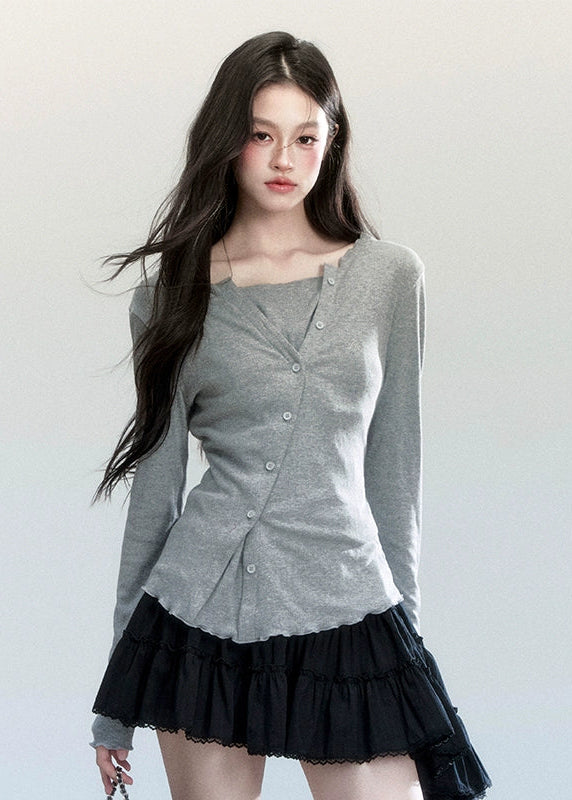 Fragileheart knit top, faux two-piece shirt, layered asymmetric blouse, luxury Korean fashion, minimal feminine outfit, quiet luxury womenswear, pastel noir aesthetic, elegant everyday top, four color knitwear, K-fashion 2025, casual chic long sleeve, modern Korean style, delicate soft knit, refined daily outfit
