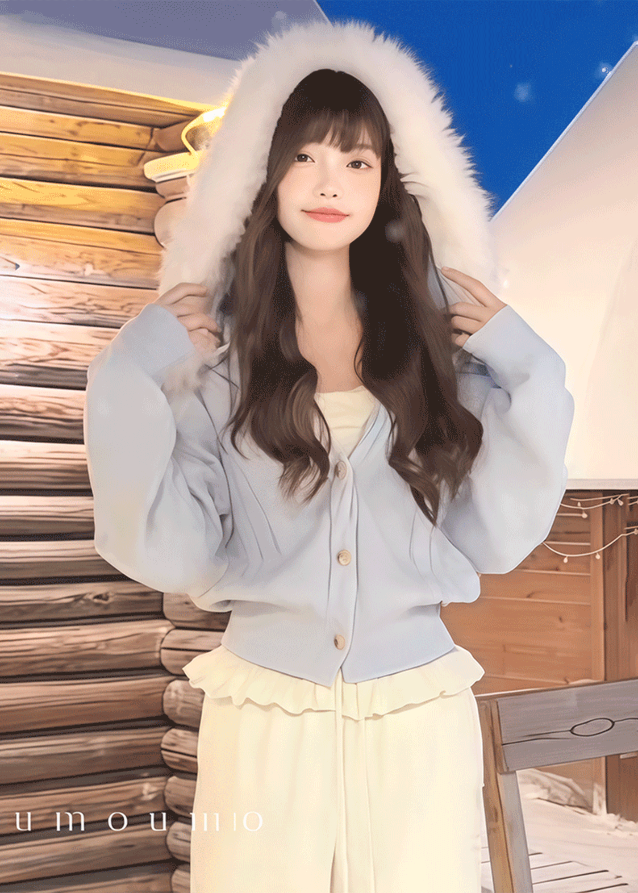 umoumo cardigan, fur collar cardigan, hooded knit sweater, Korean feminine style knit, soft girl cardigan, fluffy collar sweater, winter warm cardigan, cable knit fur trim, cute Korean cardigan, aesthetic winter outfit, cozy knitwear women, warm hooded sweater, Korean fashion cardigan, faux fur hood knit, winter Korean style top
