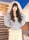umoumo cardigan, fur collar cardigan, hooded knit sweater, Korean feminine style knit, soft girl cardigan, fluffy collar sweater, winter warm cardigan, cable knit fur trim, cute Korean cardigan, aesthetic winter outfit, cozy knitwear women, warm hooded sweater, Korean fashion cardigan, faux fur hood knit, winter Korean style top
