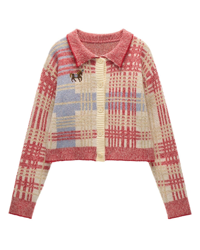 pony plaid cardigan women, red check knit sweater jacket, cute core plaid knitwear 2025, korean soft street cardigan, gentle sweet knit jacket, vintage red plaid cardigan, fall winter 2025 knit top, kawaii pony cardigan outfit, nowa tokyo soft girl fashion
