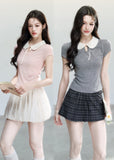 fragileheart top, doll collar t-shirt, peter pan collar top, korean feminine top, slim short sleeve top, preppy summer top, campus style top, cute korean fashion, pink collar top, gray collar top, soft girl top, feminine fitted tee