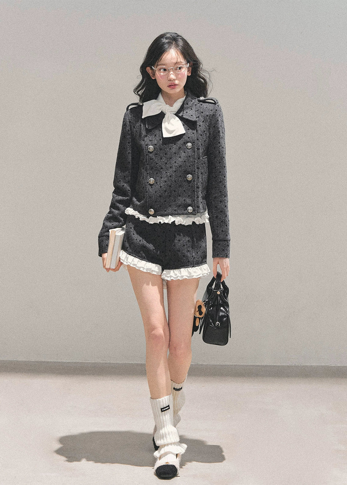 Korean wool suit set, feminine winter outfit, polka dot wool jacket, lace trim shorts set, Korean girly fashion, AOMALM suit set, soft feminine aesthetic, Korean winter clothing, cute wool two-piece, winter date outfit women, lace detail jacket, Korean street style winter, sweet girl fashion, polka dot tweed set, elegant wool short suit, Korean chic outfit, winter feminine suit set, lace trimmed wool jacket
