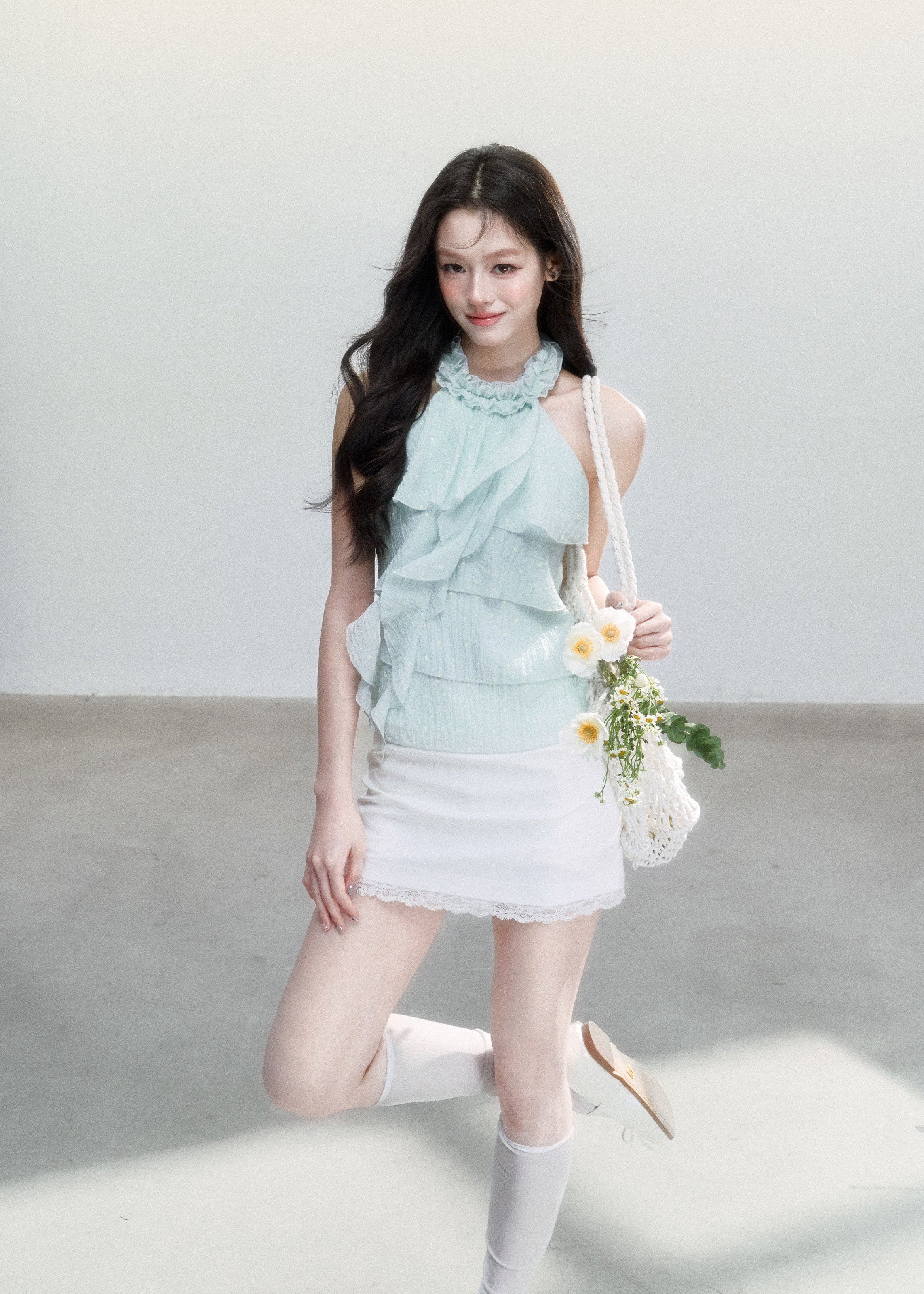 fragileheart top, mint halter camisole, ruffle camisole top, korean feminine top, mint green summer top, polka dot cami, sweet korean fashion, ruffled halter top, soft girl camisole, summer cami top, feminine resort top, cute mint top
