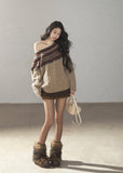 Beige Fair Isle off-shoulder cable knit sweater with multicolor jacquard pattern
