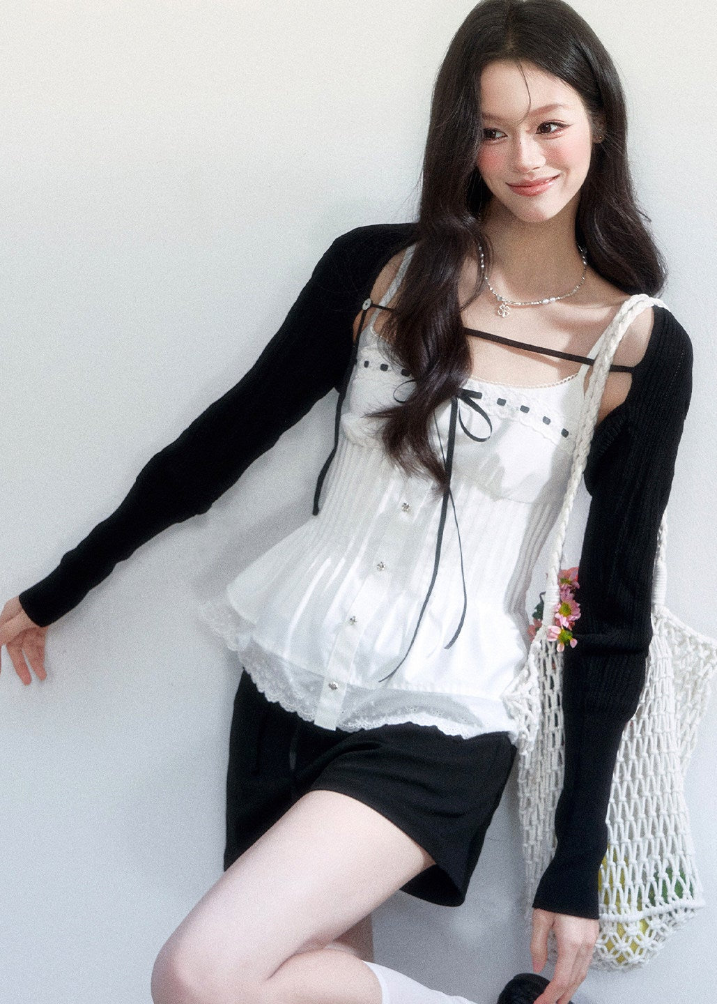 spring brunch outfit, brunch outfit ideas, two piece set women, lace camisole set, korean feminine outfit, coquette outfit, soft girl outfit, layered outfit women, black and white outfit, aesthetic fashion outfit, feminine korean fashion, casual spring outfits women, cute everyday outfit, romantic casual outfit, lightweight summer outfit, stylish two piece outfit, soft aesthetic clothing, date outfit women, trendy korean fashion, delicate feminine outfit

