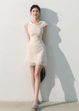 Ivory floral lace midi dress with a fitted waist