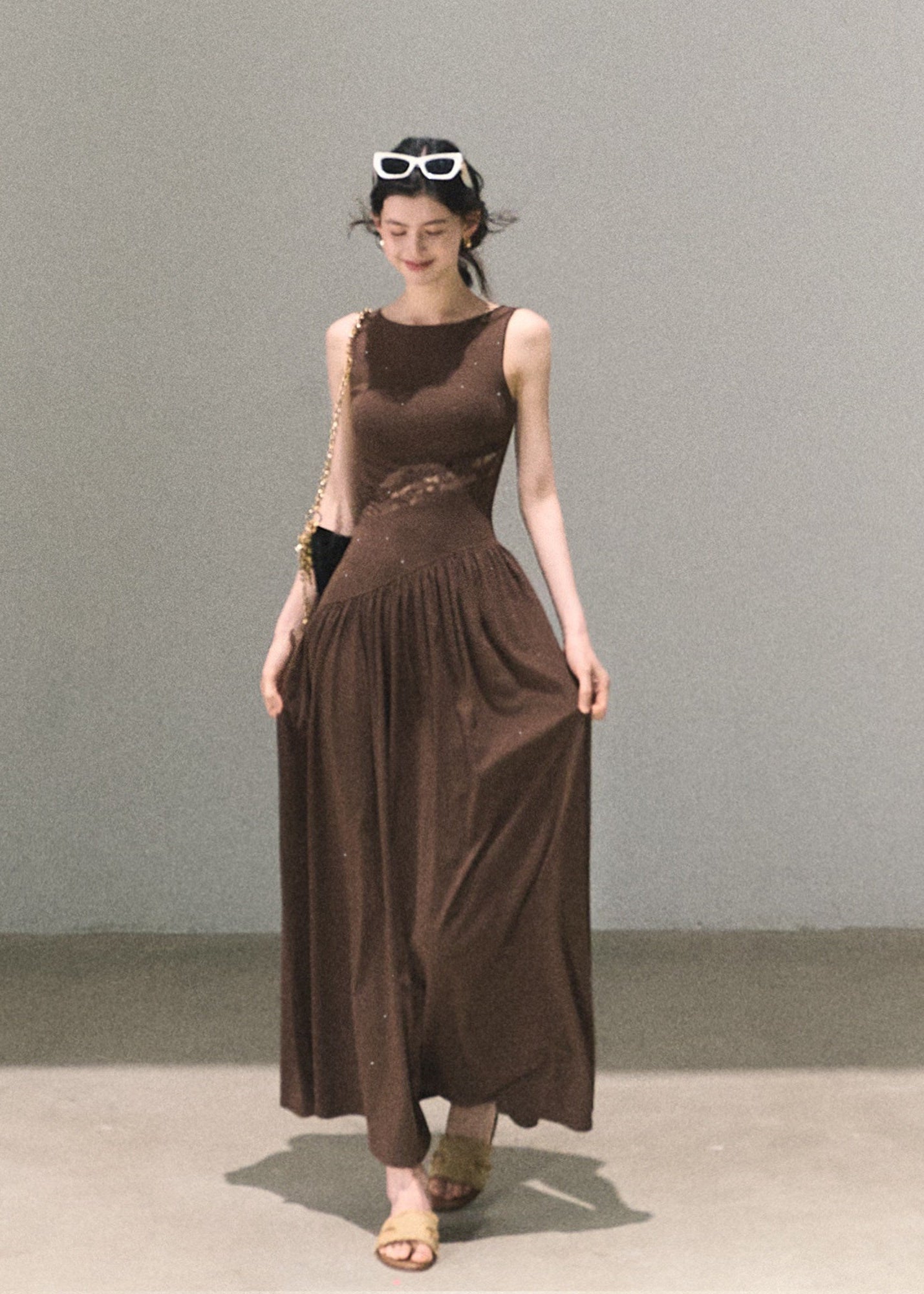 Coffee brown long tank dress with lace panel waist