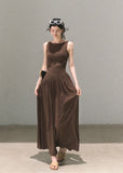 Coffee brown long tank dress with lace panel waist