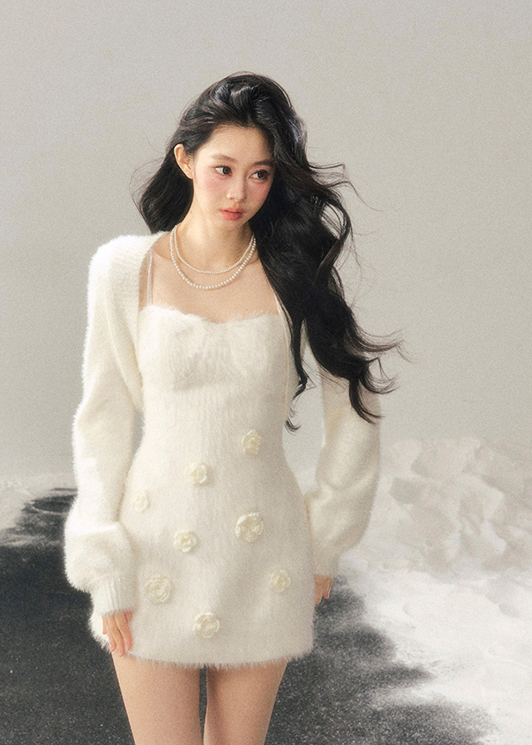 AOMALM dress, Korean winter dress, feminine knit dress, floral mini dress, 3D flower dress, sweet winter outfit, slim fit knit dress, French style dress, soft girl aesthetic, Korean fashion women, winter mini dress, elegant knit dress, romantic winter dress, aesthetic slip dress, trendy women’s dress, Korean aesthetic outfit, cozy winter dress