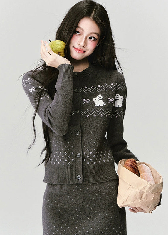 Fragileheart knit set, Fair Isle sweater outfit, winter Korean fashion, bunny pattern cardigan, luxury feminine knitwear, quiet luxury winter style, pastel noir aesthetic, elegant two-piece knit set, cozy winter outfit, K-fashion 2025, cute chic knit ensemble, rabbit motif sweater, romantic knit skirt look, soft feminine fashion

