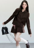 Fragileheart skirt suit set, brown pleated two-piece, luxury Korean fashion, doll collar jacket, vintage feminine outfit, quiet luxury womenswear, pastel noir aesthetic, elegant autumn ensemble, K-fashion 2025, romantic preppy look, mocha brown outfit, chic bow jacket set, soft classic fashion, refined Korean style

